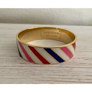 Kate Spade Walk on Air Bangle Bracelet Gold Pink Red White Blue Striped Enamel